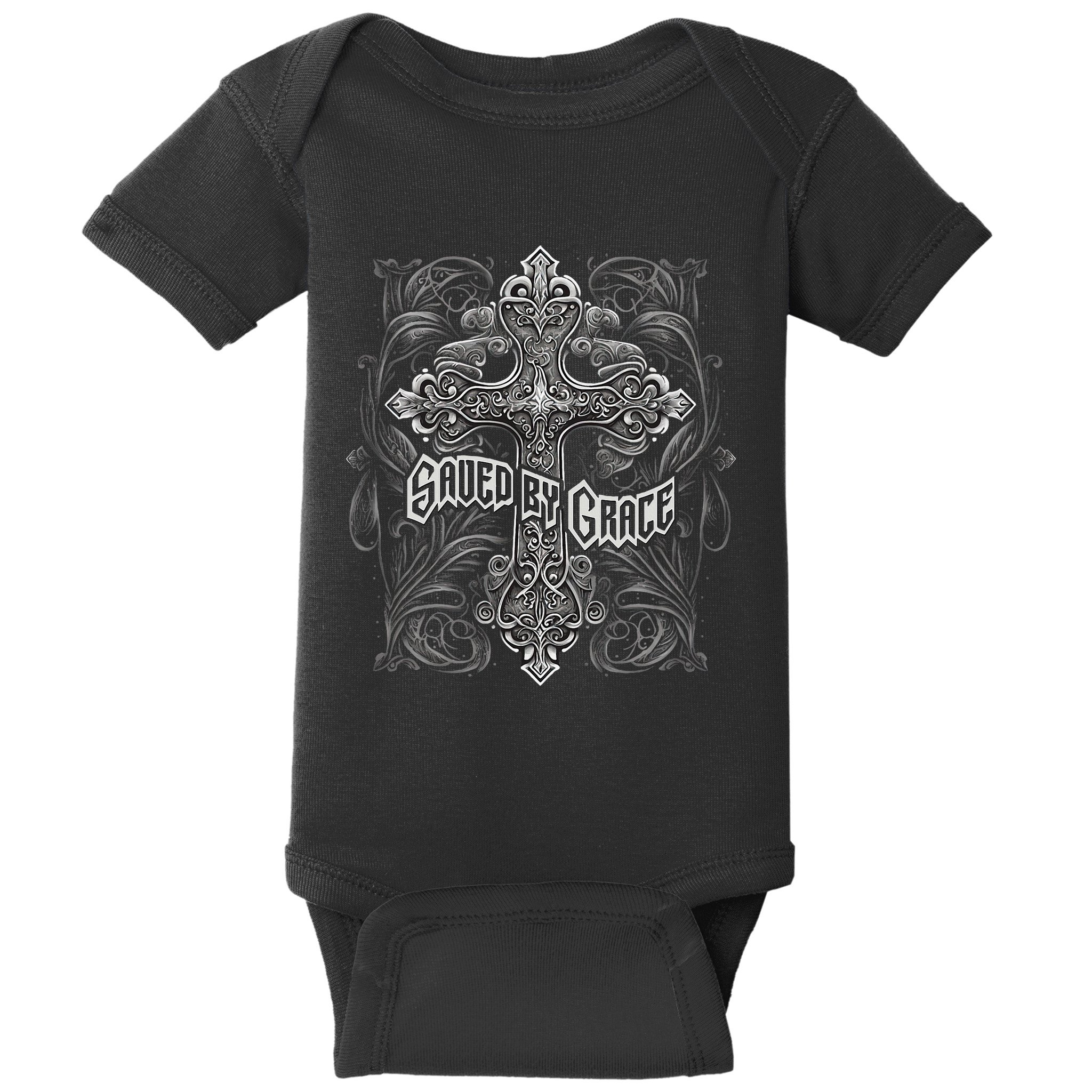 Saved By Grace Christian Graphic Design Gothic Cross Baby Bodysuit