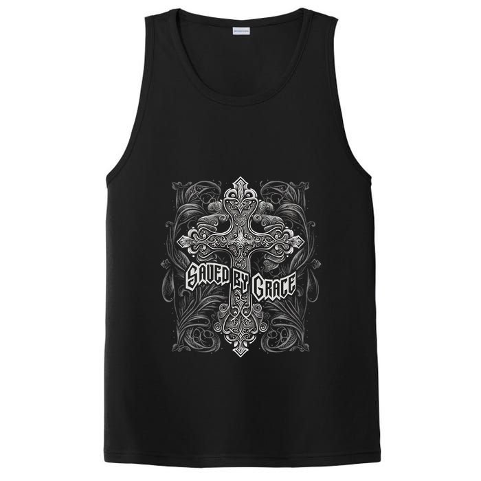Saved By Grace Christian Graphic Design Gothic Cross PosiCharge Competitor Tank