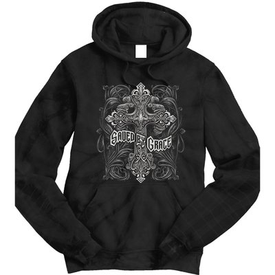 Saved By Grace Christian Graphic Design Gothic Cross Tie Dye Hoodie