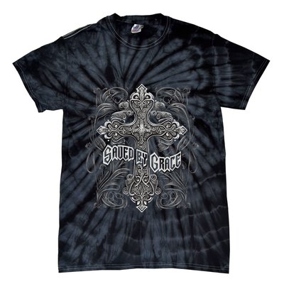 Saved By Grace Christian Graphic Design Gothic Cross Tie-Dye T-Shirt
