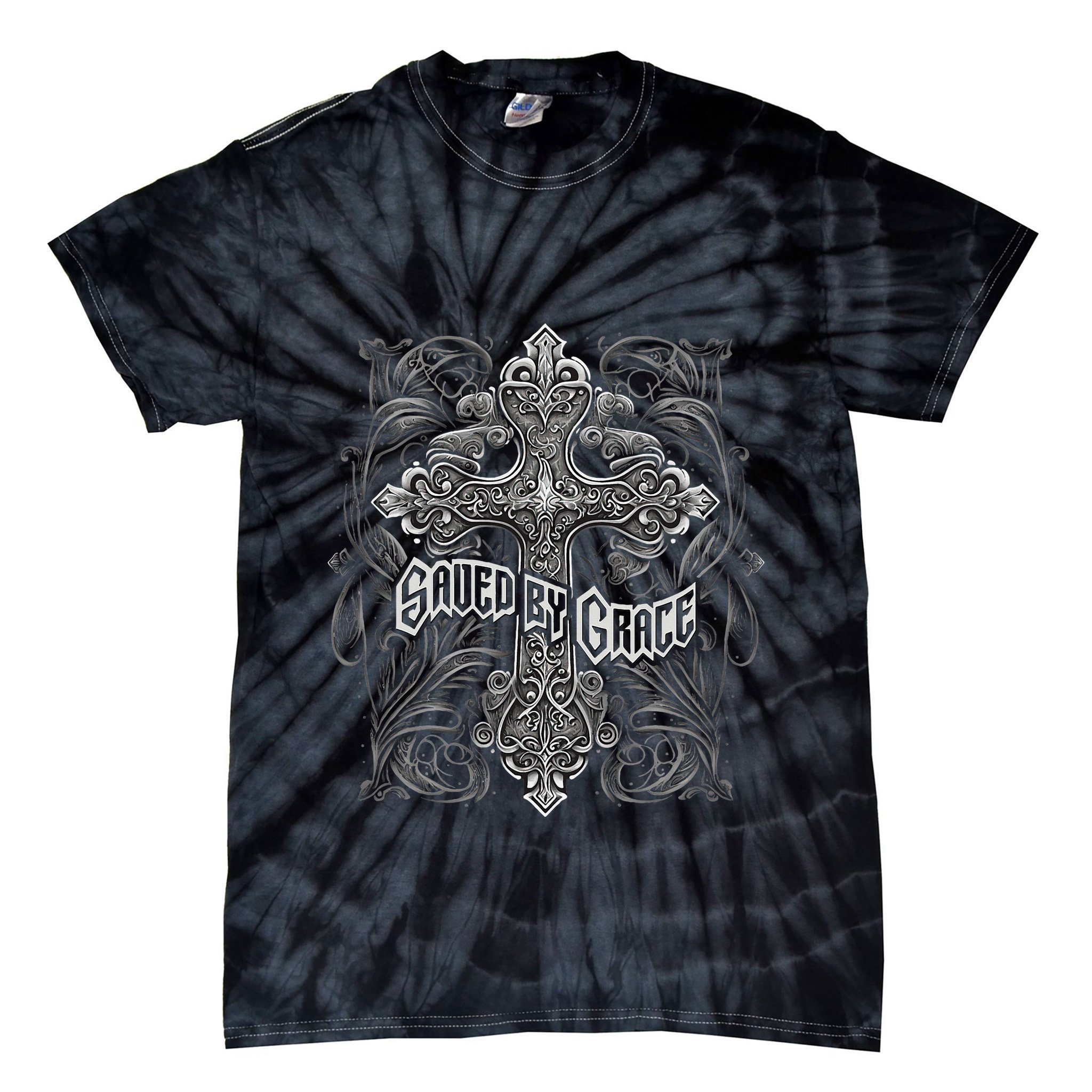 Saved By Grace Christian Graphic Design Gothic Cross Tie-Dye T-Shirt