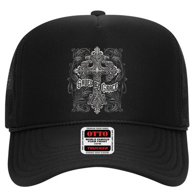 Saved By Grace Christian Graphic Design Gothic Cross Trucker Hat