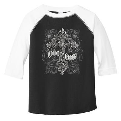 Saved By Grace Christian Graphic Design Gothic Cross Toddler Fine Jersey T-Shirt