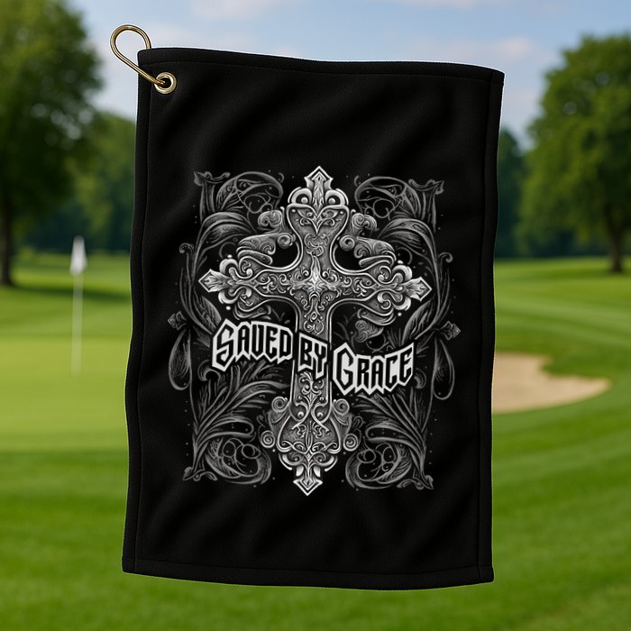 Saved By Grace Christian Graphic Design Gothic Cross Golf Towel