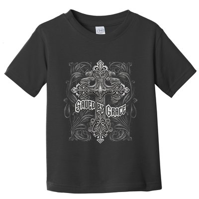Saved By Grace Christian Graphic Design Gothic Cross Toddler T-Shirt