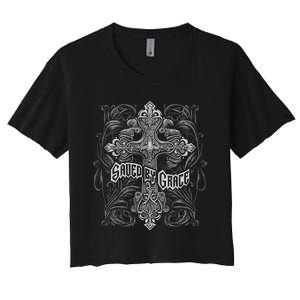 Saved By Grace Christian Graphic Design Gothic Cross Women's Crop Top Tee