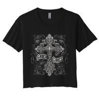 Saved By Grace Christian Graphic Design Gothic Cross Women's Crop Top Tee