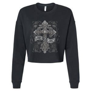 Saved By Grace Christian Graphic Design Gothic Cross Cropped Pullover Crew