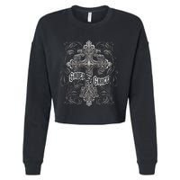 Saved By Grace Christian Graphic Design Gothic Cross Cropped Pullover Crew