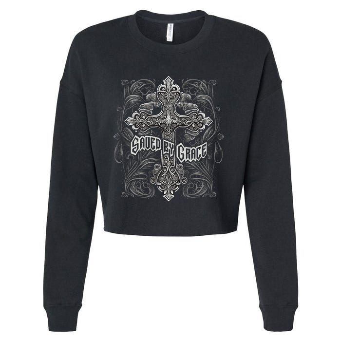 Saved By Grace Christian Graphic Design Gothic Cross Cropped Pullover Crew