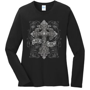 Saved By Grace Christian Graphic Design Gothic Cross Ladies Long Sleeve Shirt