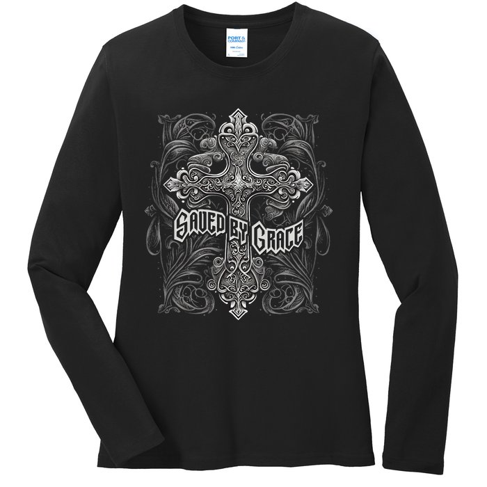 Saved By Grace Christian Graphic Design Gothic Cross Ladies Long Sleeve Shirt