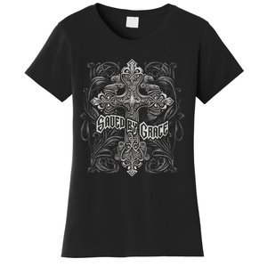 Saved By Grace Christian Graphic Design Gothic Cross Women's T-Shirt