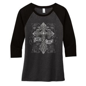 Saved By Grace Christian Graphic Design Gothic Cross Women's Tri-Blend 3/4-Sleeve Raglan Shirt