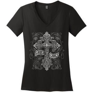 Saved By Grace Christian Graphic Design Gothic Cross Women's V-Neck T-Shirt