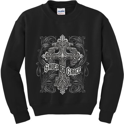 Saved By Grace Christian Graphic Design Gothic Cross Kids Sweatshirt
