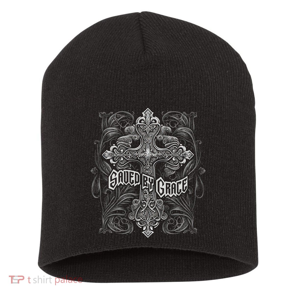 Saved By Grace Christian Graphic Design Gothic Cross Short Acrylic Beanie