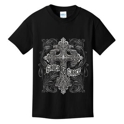 Saved By Grace Christian Graphic Design Gothic Cross Kids T-Shirt