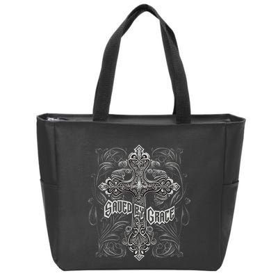 Saved By Grace Christian Graphic Design Gothic Cross Zip Tote Bag
