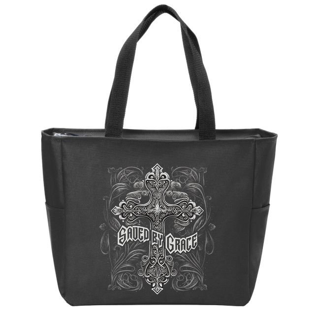 Saved By Grace Christian Graphic Design Gothic Cross Zip Tote Bag