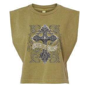 Saved By Grace Christian Graphic Design Gothic Cross Garment-Dyed Women's Muscle Tee