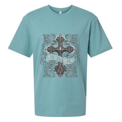 Saved By Grace Christian Graphic Design Gothic Cross Sueded Cloud Jersey T-Shirt