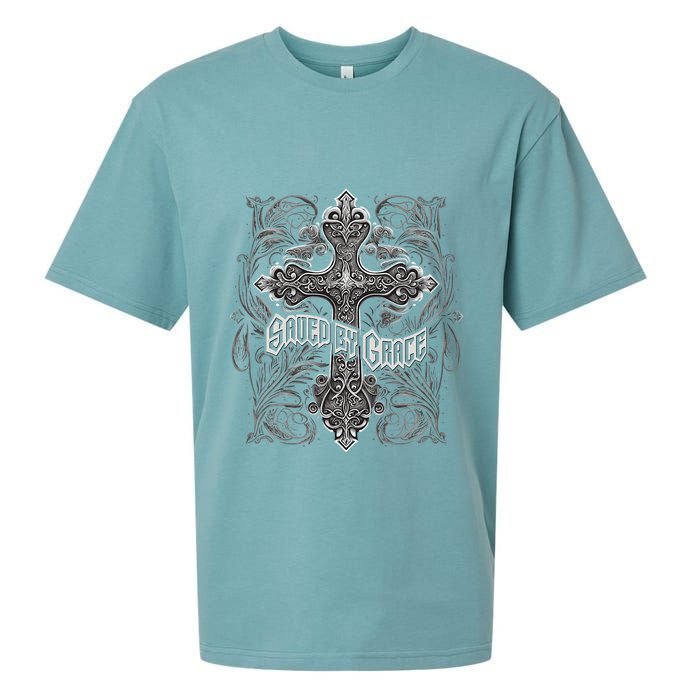 Saved By Grace Christian Graphic Design Gothic Cross Sueded Cloud Jersey T-Shirt