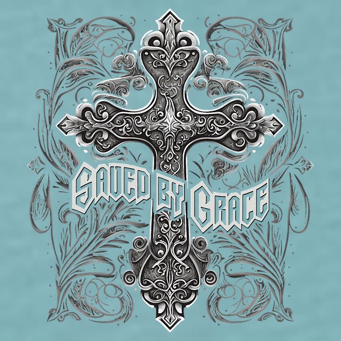 Saved By Grace Christian Graphic Design Gothic Cross Sueded Cloud Jersey T-Shirt