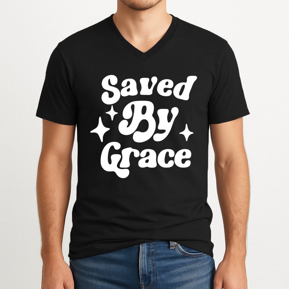 Saved By Grace Motivational Christian Retro V-Neck T-Shirt