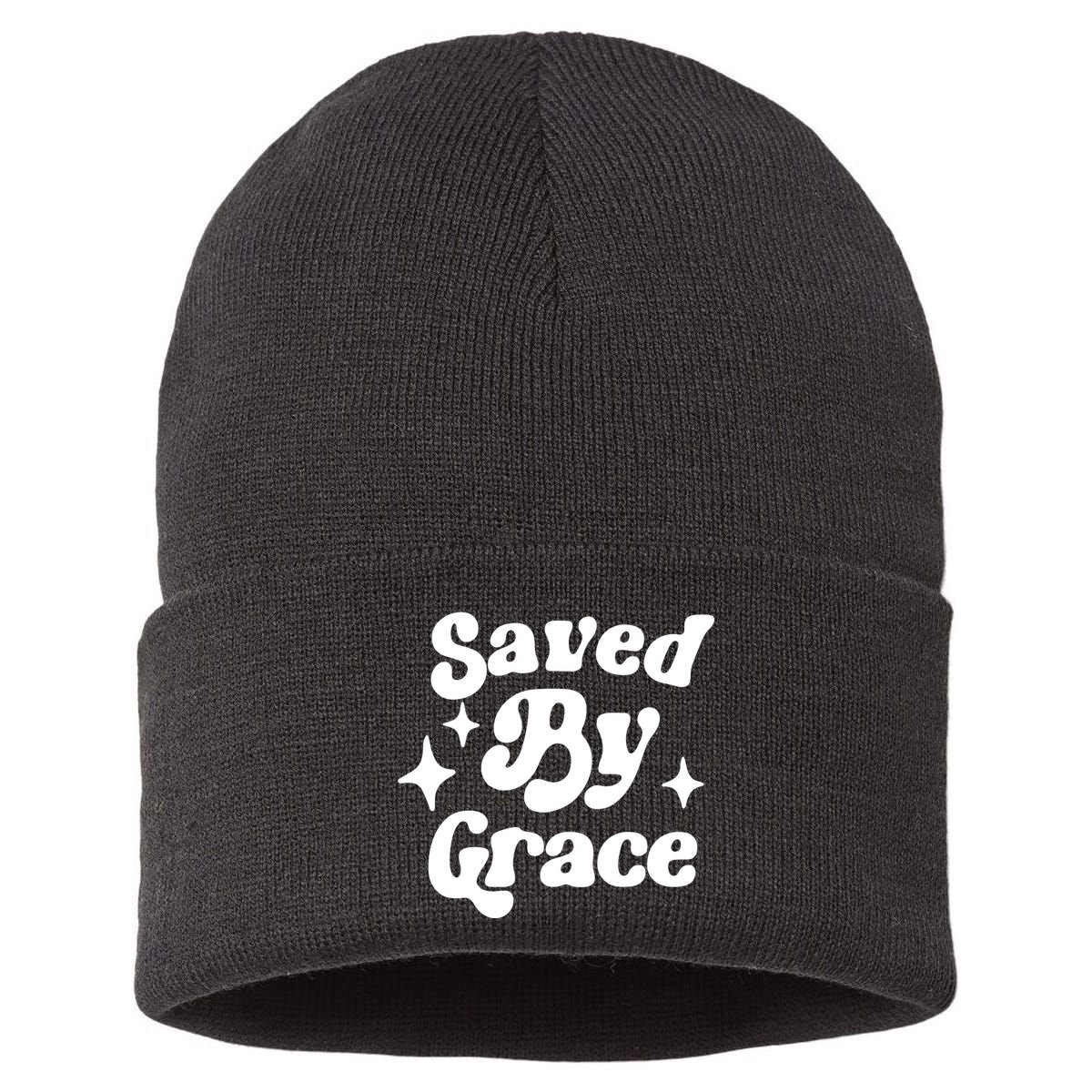 Saved By Grace Motivational Christian Retro Sustainable Knit Beanie
