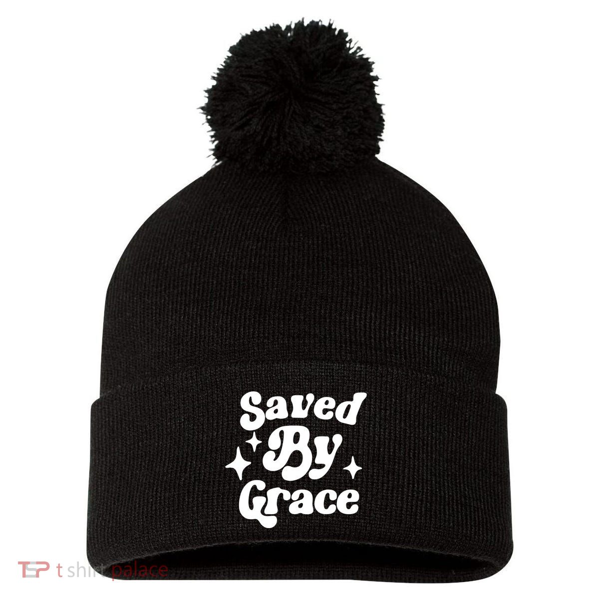 Saved By Grace Motivational Christian Retro Pom Pom 12in Knit Beanie
