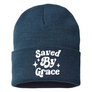 Saved By Grace Motivational Christian Retro Sustainable Knit Beanie