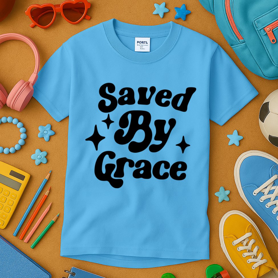 Saved By Grace Motivational Christian Retro Kids T-Shirt