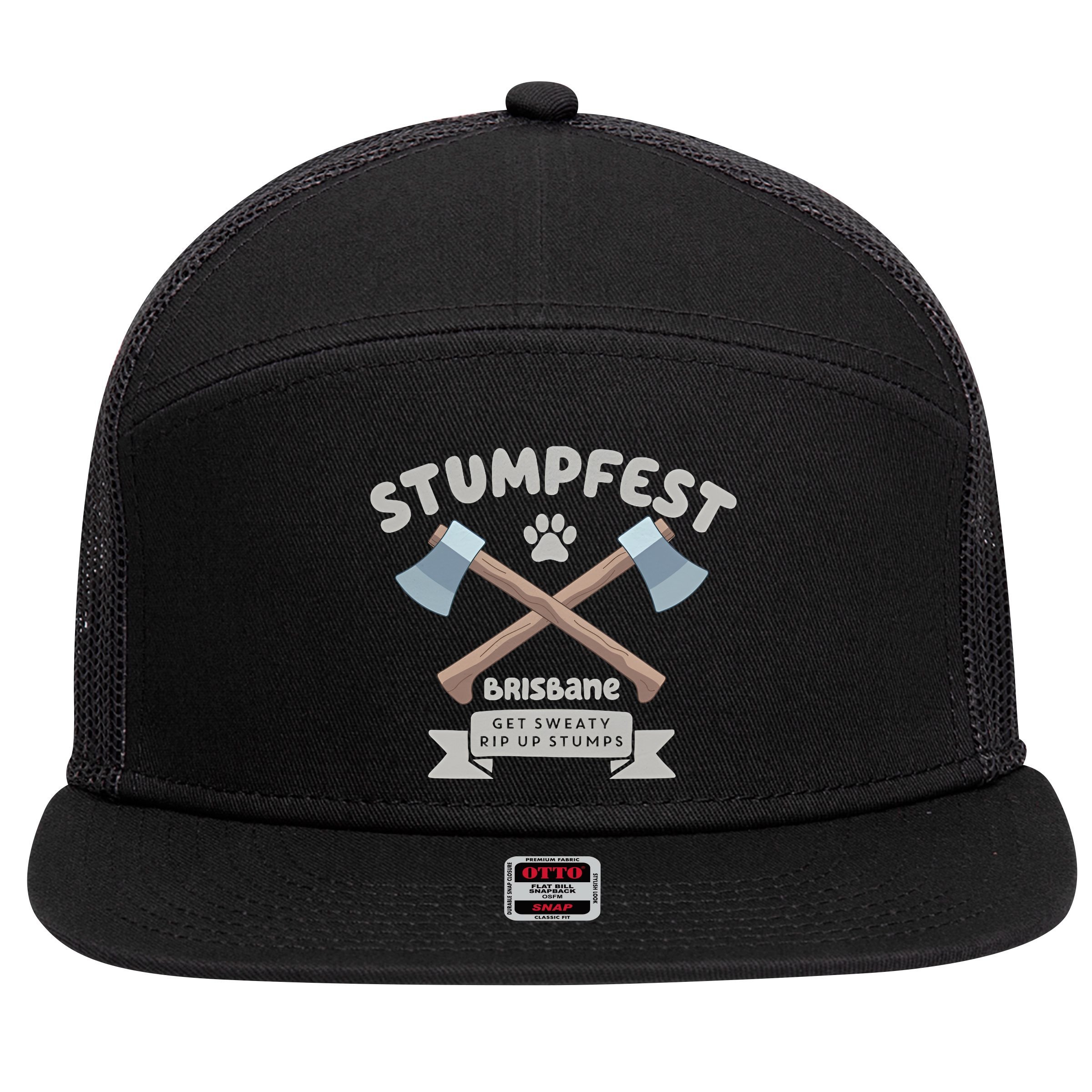 Stumpfest Brisbane Get Sweaty Rip Up Stumps Dad Mode 7 Panel Mesh Trucker Snapback Hat