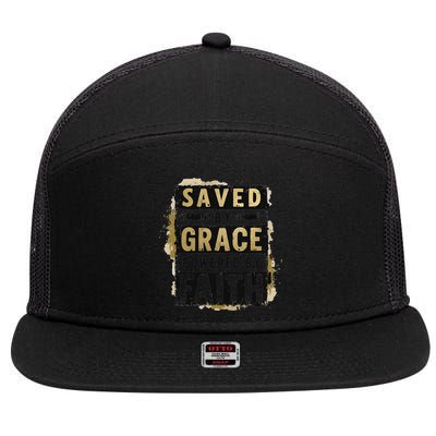 Saved By Grace Powered By Faith Christian Religious Jesus 7 Panel Mesh Trucker Snapback Hat