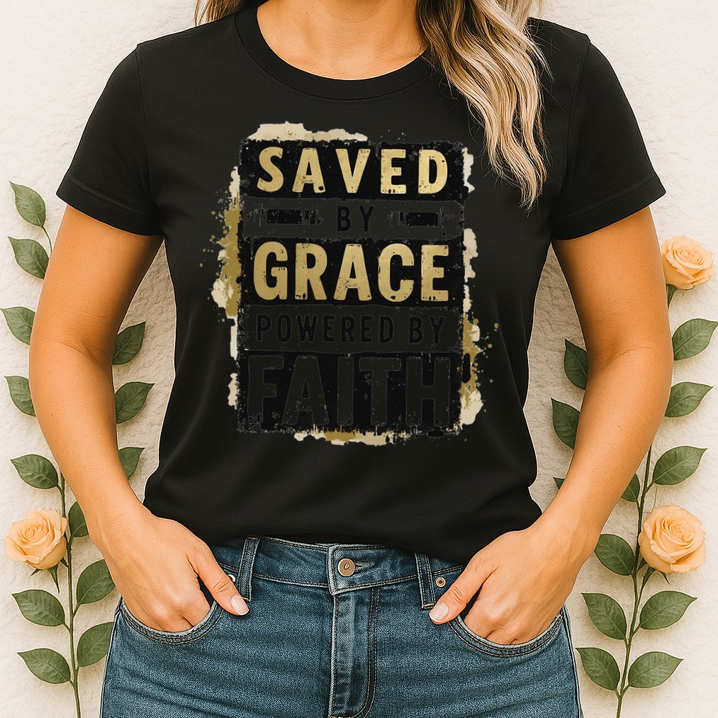 Saved By Grace Powered By Faith Christian Religious Jesus Womens T-Shirt
