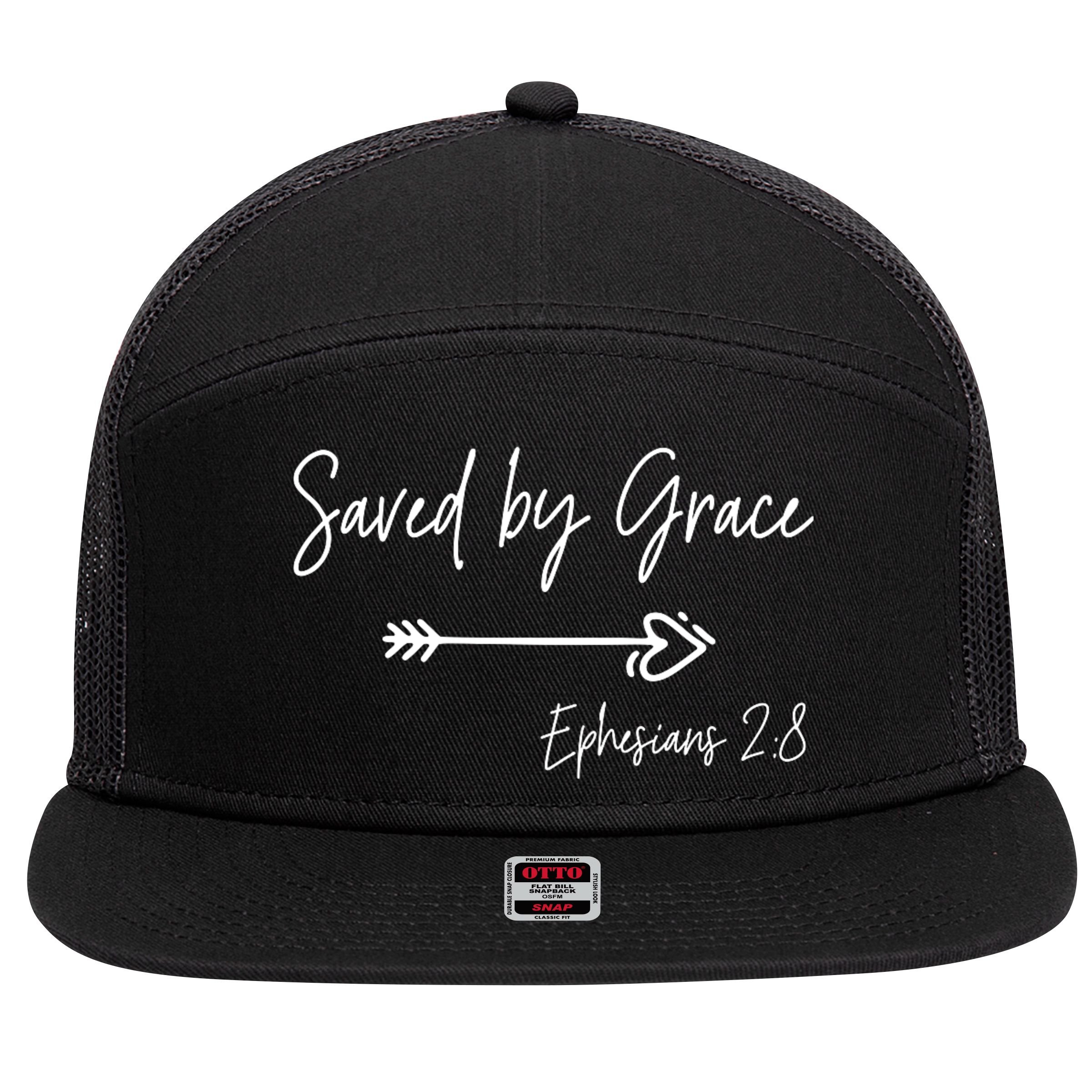 Saved By Grace Ephesians Scripture Christian Bible Verse 7 Panel Mesh Trucker Snapback Hat