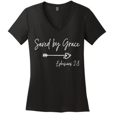 Saved By Grace Ephesians Scripture Christian Bible Verse Women's V-Neck T-Shirt