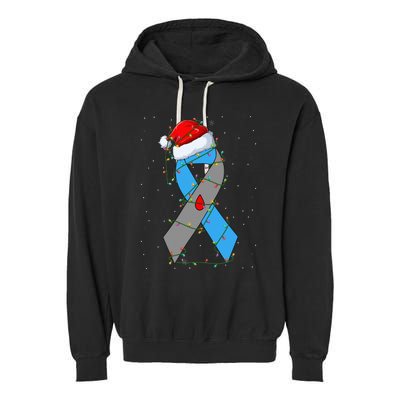 Santa Blue Grey Ribbon Xmas Lights T1D Diabetes Awareness Garment-Dyed Fleece Hoodie