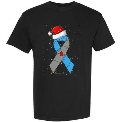 Santa Blue Grey Ribbon Xmas Lights T1D Diabetes Awareness Garment-Dyed Heavyweight T-Shirt