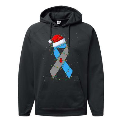 Santa Blue Grey Ribbon Xmas Lights T1D Diabetes Awareness Performance Fleece Hoodie