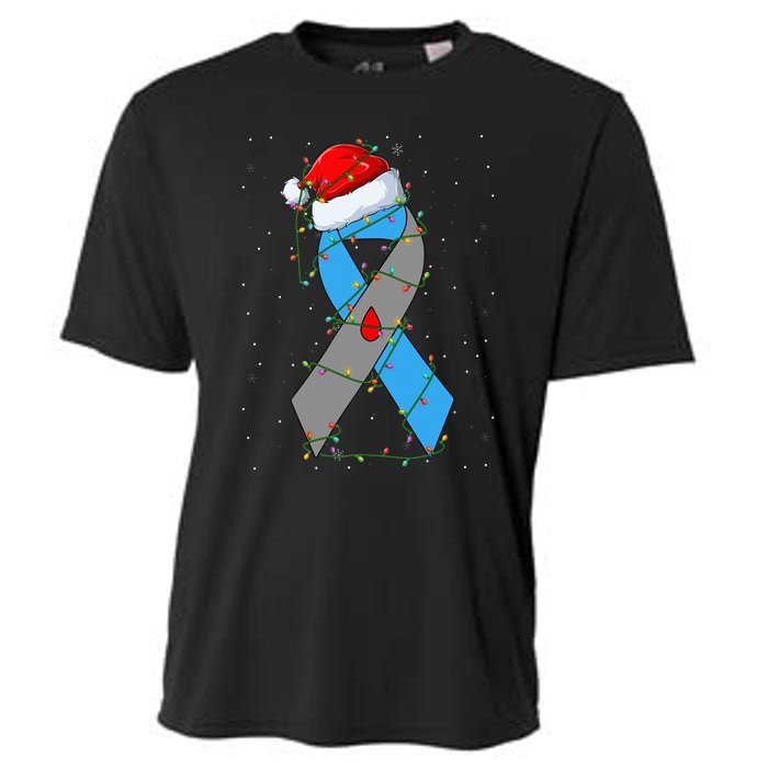 Santa Blue Grey Ribbon Xmas Lights T1D Diabetes Awareness Cooling Performance Crew T-Shirt