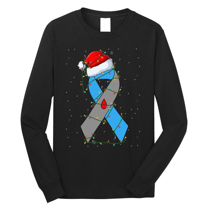 Santa Blue Grey Ribbon Xmas Lights T1D Diabetes Awareness Long Sleeve Shirt