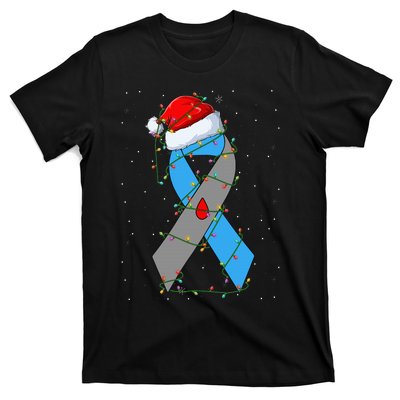 Santa Blue Grey Ribbon Xmas Lights T1D Diabetes Awareness T-Shirt