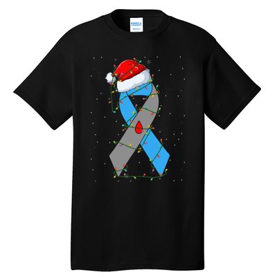 Santa Blue Grey Ribbon Xmas Lights T1D Diabetes Awareness Tall T-Shirt