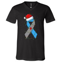 Santa Blue Grey Ribbon Xmas Lights T1D Diabetes Awareness V-Neck T-Shirt