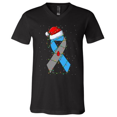 Santa Blue Grey Ribbon Xmas Lights T1D Diabetes Awareness V-Neck T-Shirt