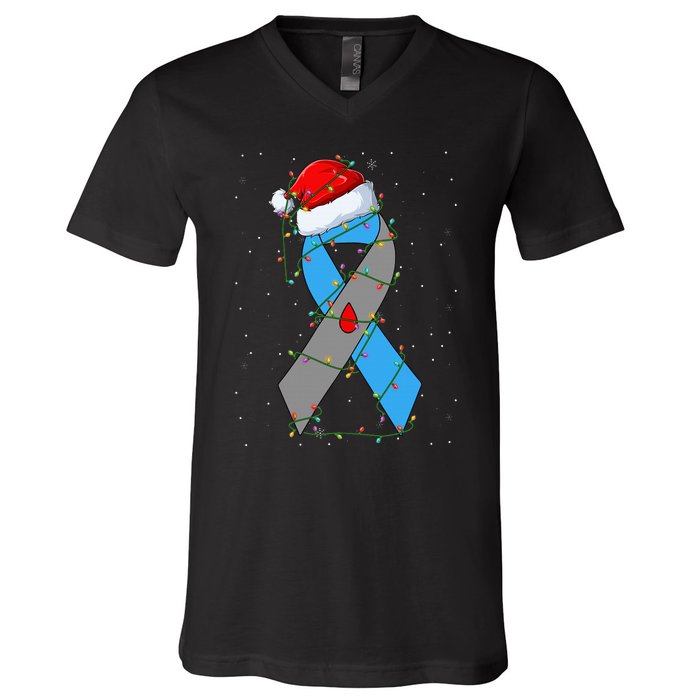 Santa Blue Grey Ribbon Xmas Lights T1D Diabetes Awareness V-Neck T-Shirt