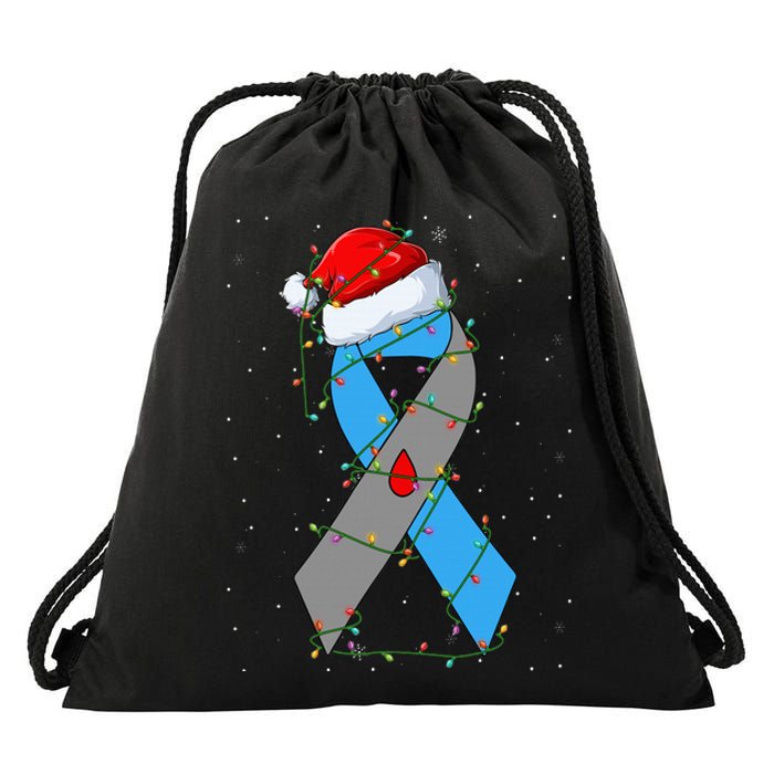 Santa Blue Grey Ribbon Xmas Lights T1D Diabetes Awareness Drawstring Bag