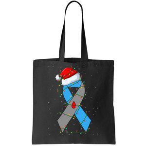 Santa Blue Grey Ribbon Xmas Lights T1D Diabetes Awareness Tote Bag